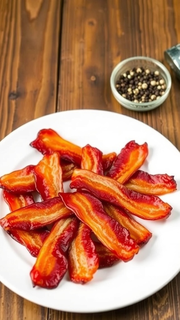 Crispy air fryer bacon strips on a white plate with black pepper.